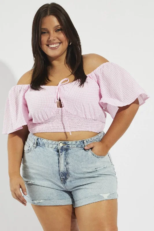 Pink Check Crop Top Short Sleeve Cut Out Handmade Hand-knitted Hand-woven