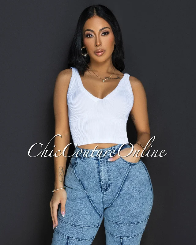 Lora White V Neck Ribbed Crop Top Wool Fabric Cashmere Fabric Tweed Fabric