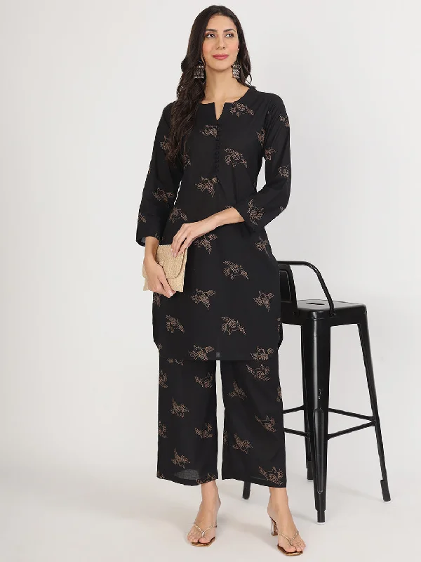 Divena Black Printed Kurta with Trouser Co-Ord Set Trousers Flared Retro