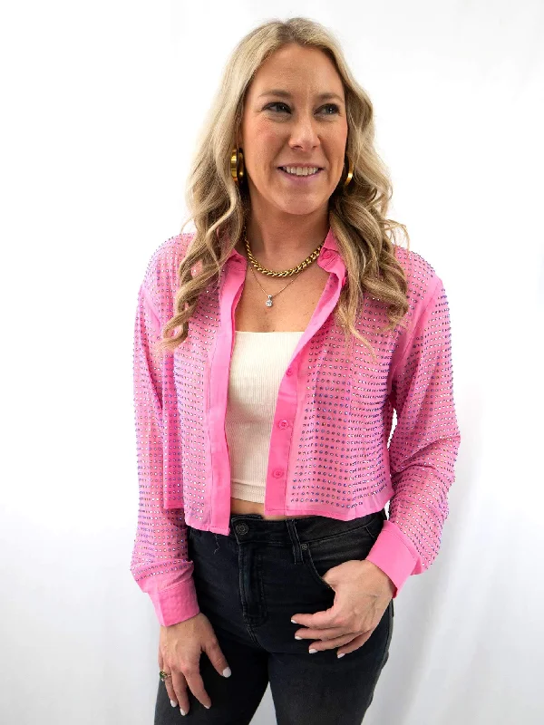 Pink Rhinestone Button Up Crop Top Embroidered Appliqued Beaded