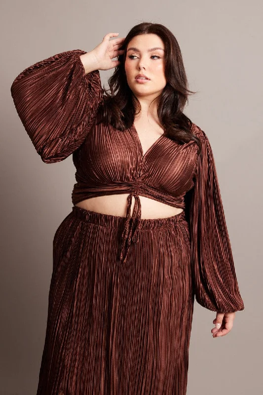Brown Crop Top Long Sleeve V-neck Plisse Print Jacquard Patchwork