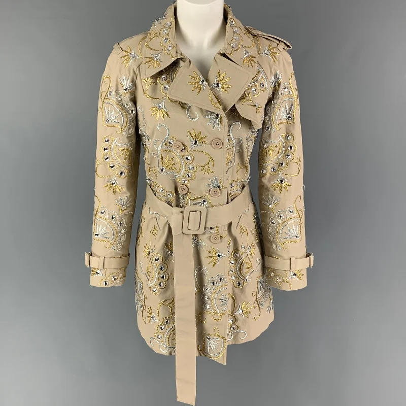MANOUSH Size 4 Khaki Silver Gold Cotton Embroidered Trench Coat Toggle Coat Shawl Collar Coat Notch Collar Coat MANOUSH Size 4 Khaki Silver Gold Cotton Embroidered Trench Coat Toggle Coat Shawl Collar Coat Notch Collar Coat