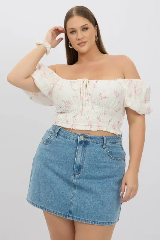 White Ditsy Crop Top Short Sleeve Shirred Waist Embroidered Appliqued Beaded