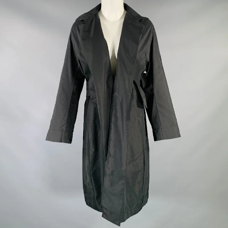 JIL SANDER Size 4 Black Polyester Silk Open Front Coat Denim Leather Suede