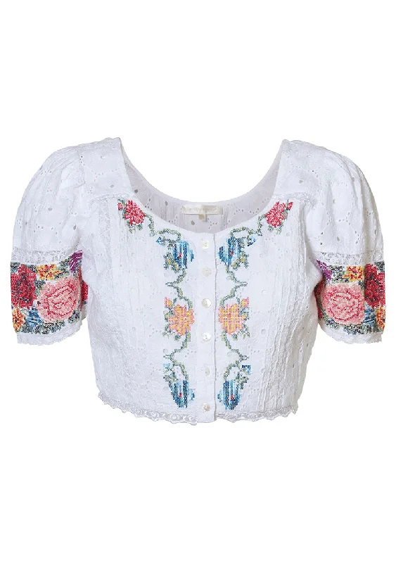 White Collum Crop Top Zippered Buttoned Snapped