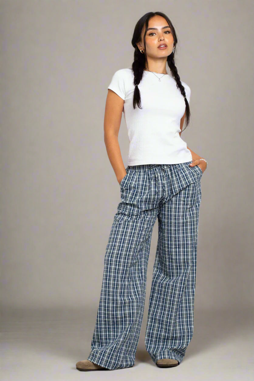 Daisy Street Check Wide Leg Trouser with Drawcord Waist Trousers Gym Athletic