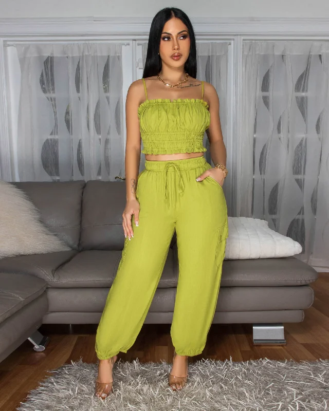 Moya Lime Crop Top & Jogger Linen Pants Set Striped Floral Plaid