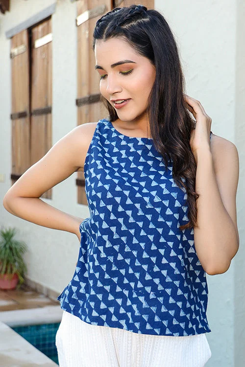 Dharan Cotton "Crop Top" Indigo Block Printed Top Iron Safe Non-Iron Wrinkle Free