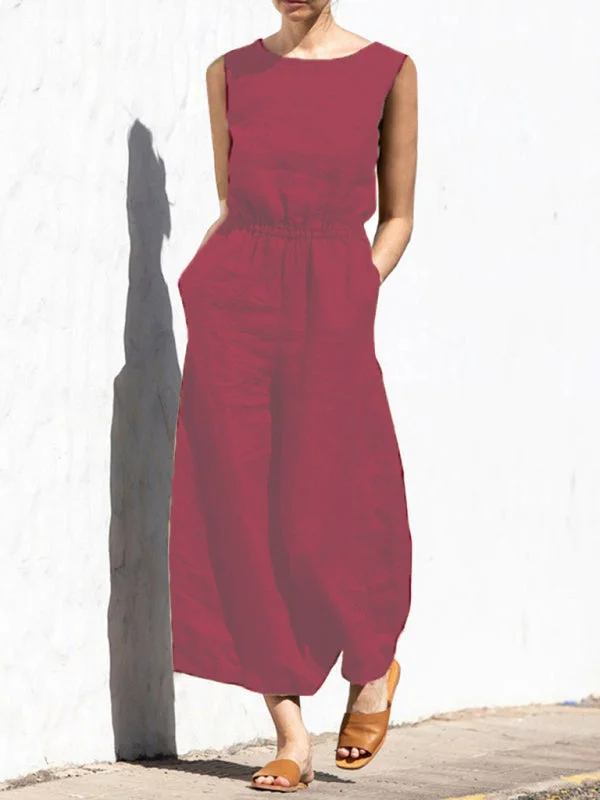 Solid Color High Waist Sleeveless Trousers Loose-Fitting Jumpsuit Trousers Print Floral