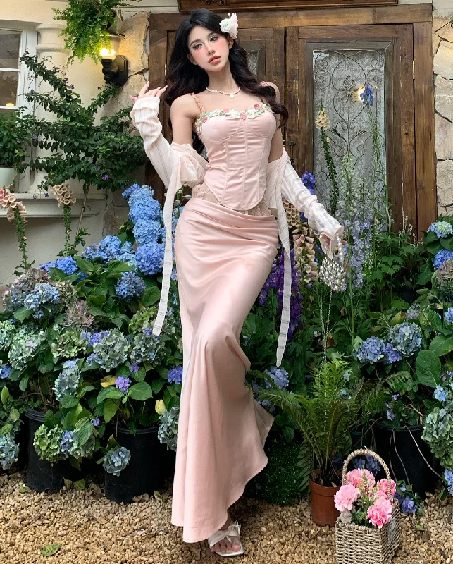 Flora Pink Satin Flower Patch Decor Corset Crop Top + High Waisted Lace Long Maxi Mermaid Skirt, Side Ribbon Decor Mini Skirt, Matching Set Houndstooth Herringbone Solid Flora Pink Satin Flower Patch Decor Corset Crop Top + High Waisted Lace Long Maxi Mermaid Skirt, Side Ribbon Decor Mini Skirt, Matching Set Houndstooth Herringbone Solid