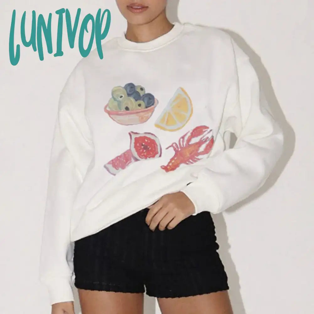 Lunivop Fruit Lobster Print Loose Fit Oversized Tops Vintage Graphic Sweatshirts Casual Long Sleeve Round Neck Pullovers Lounge Clothes Hoodie with Hem Embroidery Detailed Premium