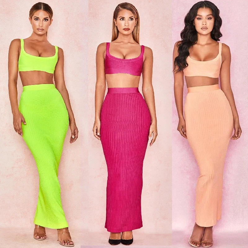 Winnal Women's Sexy 2 Piece Outfits Strap Crop Top Skirt Set Bodycon Mini Dress Terry Blend Velvet Blend Canvas Blend