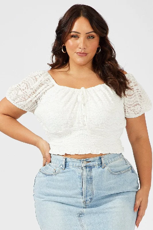 White Crop Top Short Sleeve Shirred Waist Lace Anti-Shrink Durable Soft