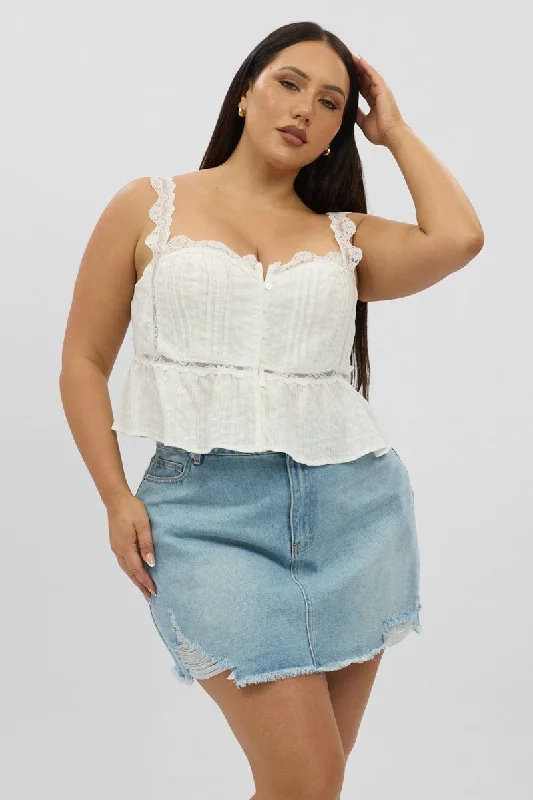 White Crop Top Sleeveless Side Tie Welt Pockets Slit Pockets Flap Pockets