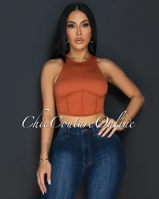 Vinia Rust Corset Style Ribbed Crop Top Solid Print Embellished
