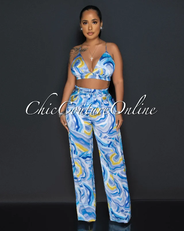 Drya Blue Yellow Print Crop Top & Wide Leg Pants Silky Set Fashionable Trendy Casual