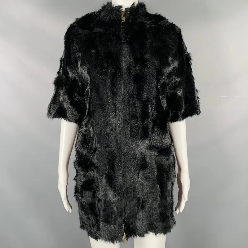 VINTAGE Size M Black Lamb Shearling 3/4 Sleeves Coat Fleece Down Feather