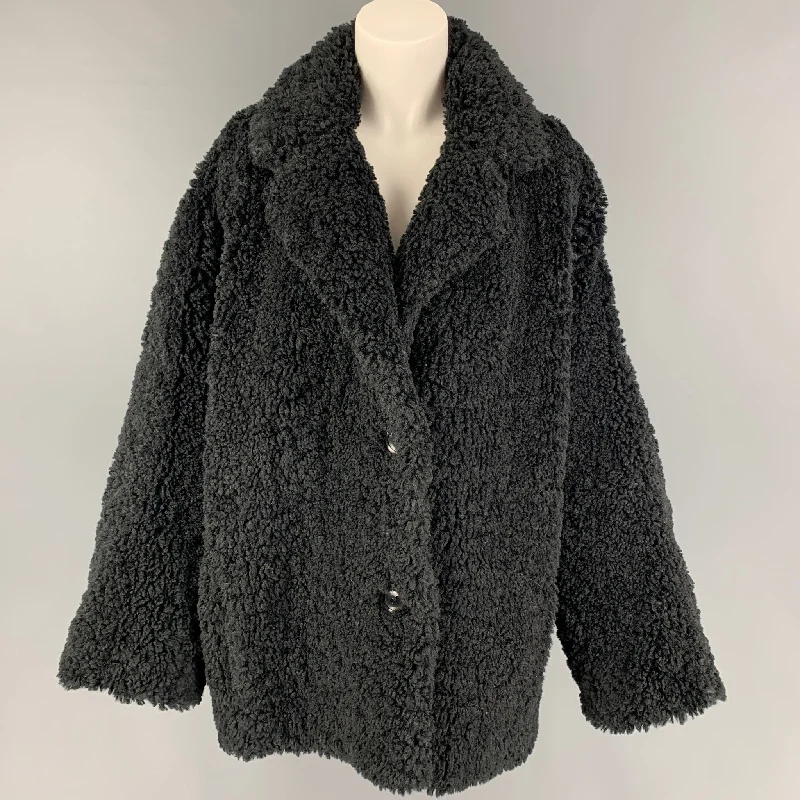 STAND STUDIO Size L Black Polyester Textured Faux Fur Notch Lapel Coat Fleece Down Feather STAND STUDIO Size L Black Polyester Textured Faux Fur Notch Lapel Coat Fleece Down Feather