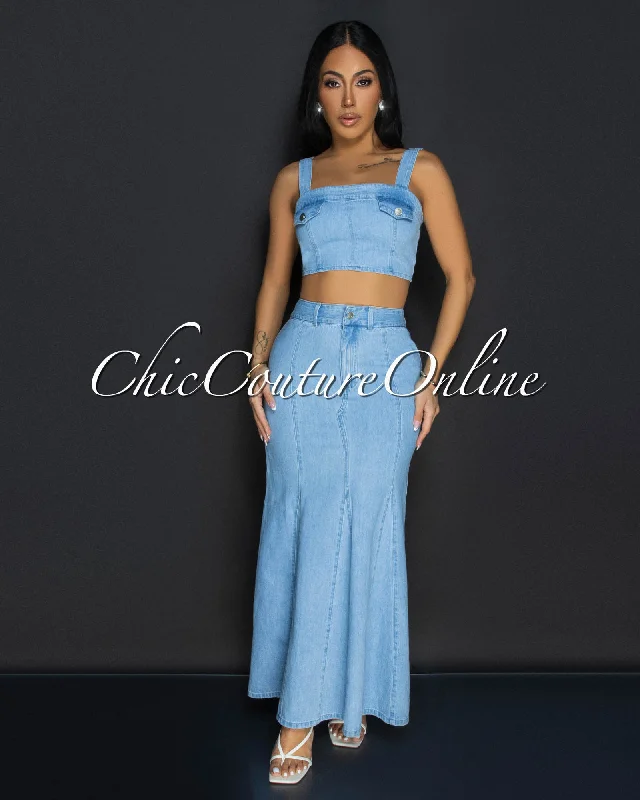 Zeya Light Denim Crop Top & Maxi Skirt Set Beaded Sequined Faux Fur