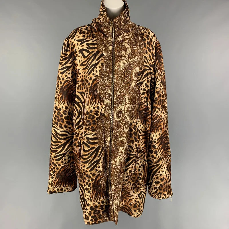 ST. JOHN COLLECTION Size L Tan Brown Viscose Nylon Animal Print Reversible Coat Parka Down Jacket Wool Coat ST. JOHN COLLECTION Size L Tan Brown Viscose Nylon Animal Print Reversible Coat Parka Down Jacket Wool Coat