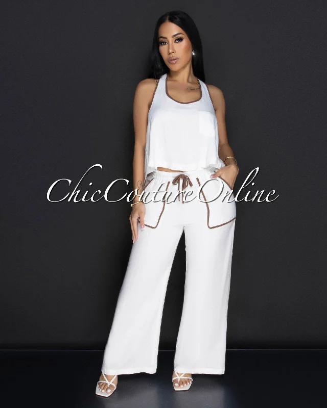 Vianna White Brown Trim Crop Top & Pants Linen Set Handmade Hand-knitted Hand-woven