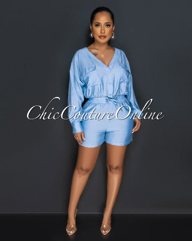Amerson Baby Blue Crop Top & Shorts Set Spandex Blend Rayon Blend Denim Blend