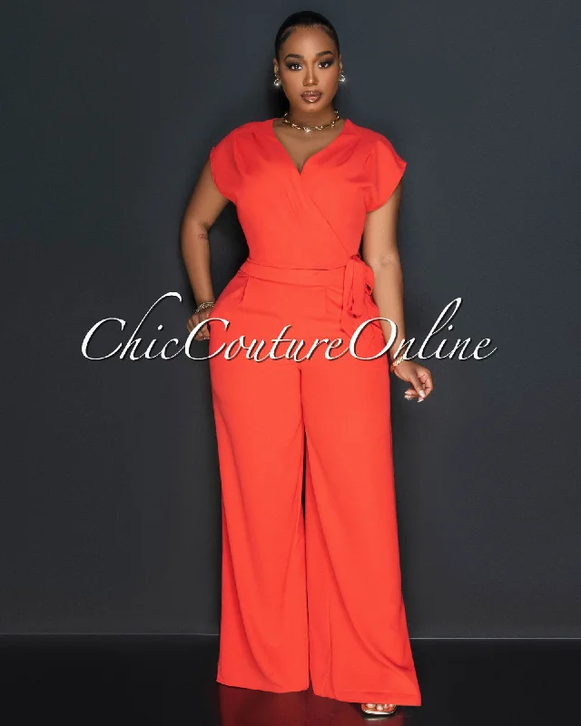 Florent Orange Wrap Crop Top & Wide Pants Set Hooded Caped Shawl Collar