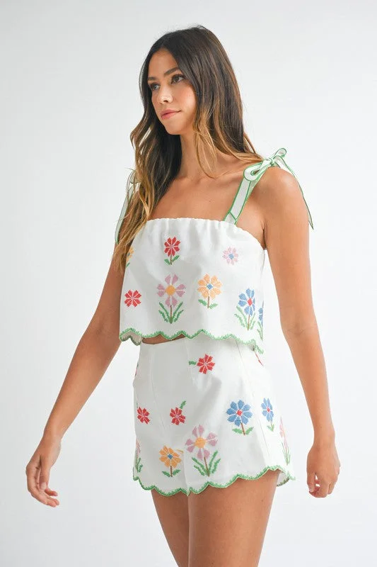 Linen Floral Scallop Crop Top - Large - Final Sale Crop Top Seamless Stretchy