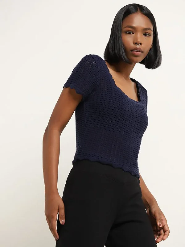Superstar Navy Crochet Design Cotton Crop Top Solid Print Embellished