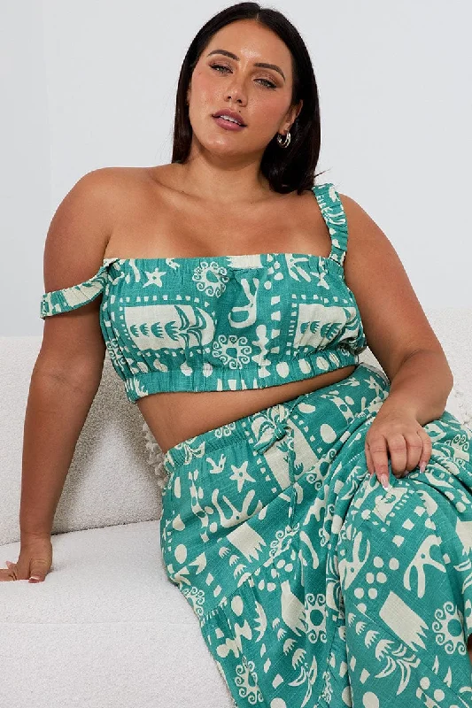 Green Abstract Crop Top Linen Blend Front Pockets Side Pockets Patch Pockets