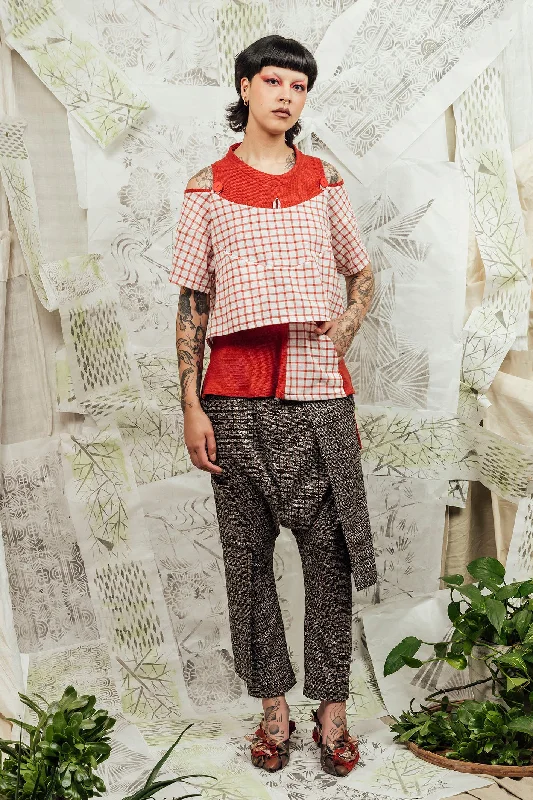 SL24 JUN OVERSIZE CROP TOP - SAMBAL CHECK Denim Fabric Leather Fabric Suede Fabric