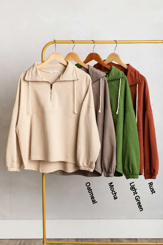 Solid Polar Collar Zip-Up Terry Pullover Spaghetti Sleeve Top