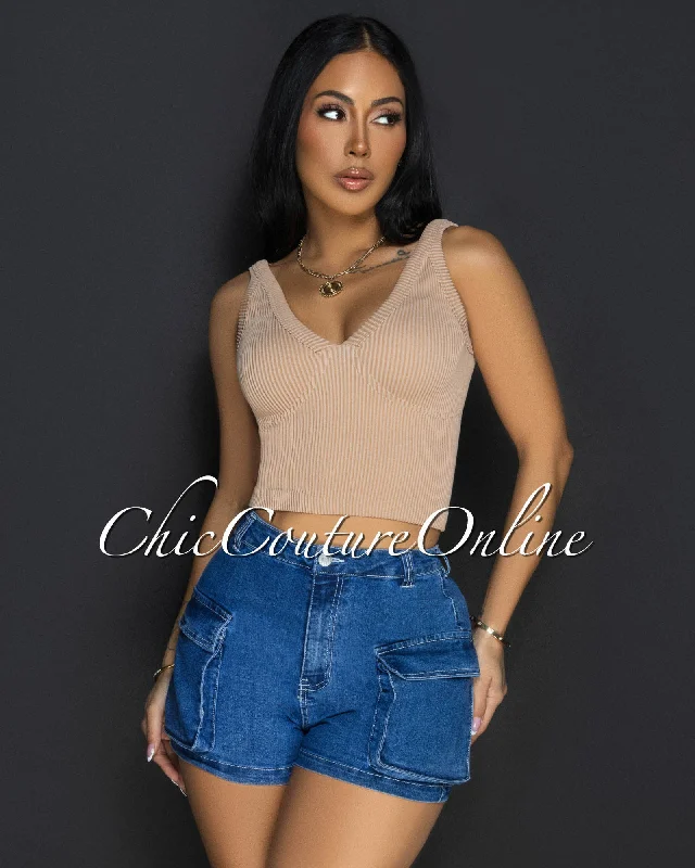 Lora Nude V Neck Ribbed Crop Top Faux Fur Fabric Real Fur Fabric Shearling Fabric