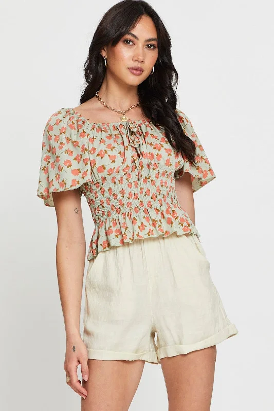 Print Crop Top Short Sleeve Sweetheart Elasticated Padded Insulated