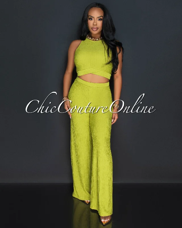 Rohana Lime Crop Top & Wide Pants Textured Set Rayon Velvet Corduroy