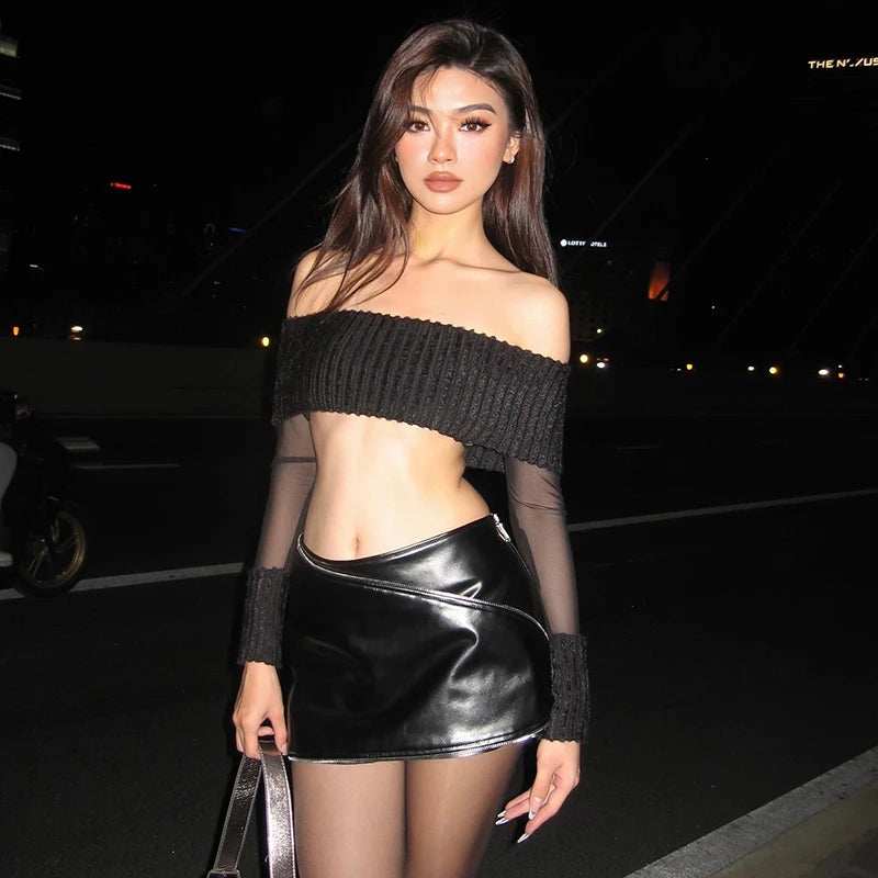 Mesh Sleeve Off Shoulder Crop Top Summer Crop Top Casual Short Sleeve