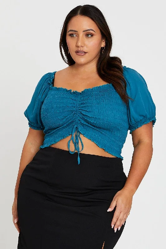 Blue Plus Short Sleeve Teal Shirred Semi Crop Top Rayon Fabric Velvet Fabric Corduroy Fabric Blue Plus Short Sleeve Teal Shirred Semi Crop Top Rayon Fabric Velvet Fabric Corduroy Fabric