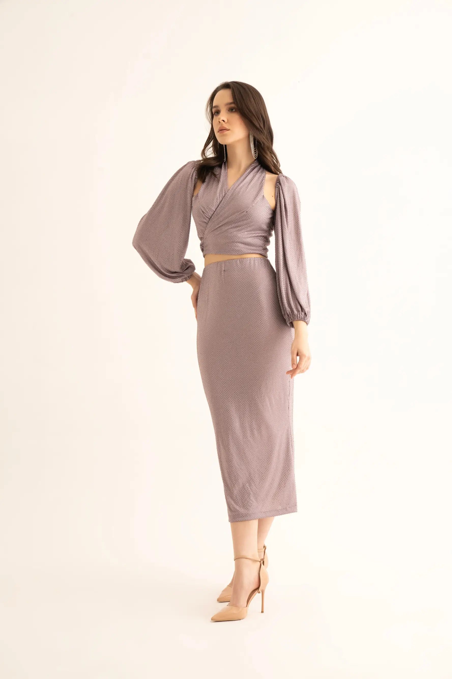 Lavender Rhinestone Halter Neck Crop Top and Midi Skirt Co-ord Set Collared Crew Neck Turtle Neck Lavender Rhinestone Halter Neck Crop Top and Midi Skirt Co-ord Set Collared Crew Neck Turtle Neck