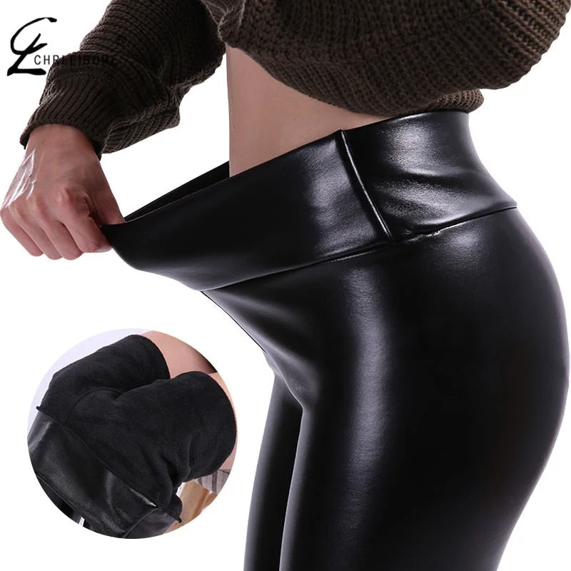 Fleece Lined Faux-Leather Leggings Fashionable Solid Color Tights