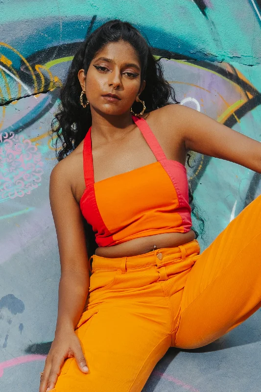Color Block Halterneck Crop Top Lace Blend Ribbed Blend Corduroy Blend