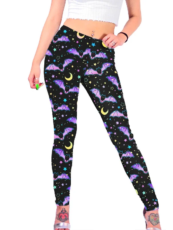 Spooky Cute Bat Pattern Leggings Stylish Faux Leather Leggings