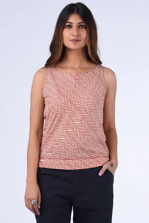 Dharan " Sleeveless Crop Top " Fawn Block Printed Top Real Fur Shearling Chenille