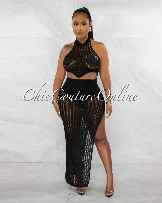 Julie Black Crop Top & Crochet Cover-Up Maxi Skirt Shimmer Set Handmade Hand-knitted Hand-woven