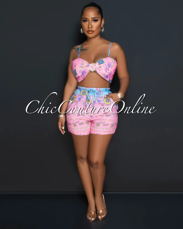Hamar Pink Multi-Color Print Crop Top & Shorts Set Cozy Warm Stylish
