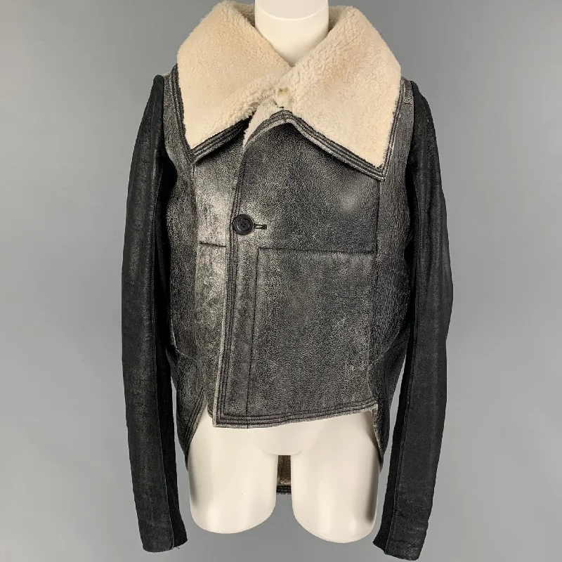 RICK OWENS Size L Grey Cream Lamb Shearling Coat Front Pockets Side Pockets Patch Pockets RICK OWENS Size L Grey Cream Lamb Shearling Coat Front Pockets Side Pockets Patch Pockets