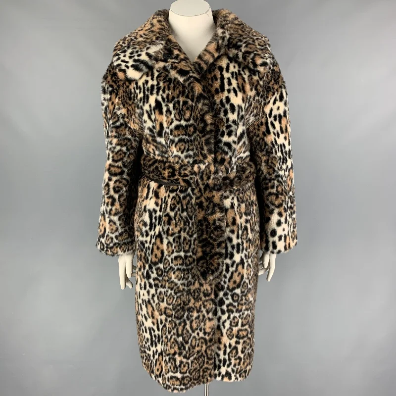 JAKKE Size 8 Tan Black Modacrylic Animal Print Belted Coat Bodycon Sheath Shift