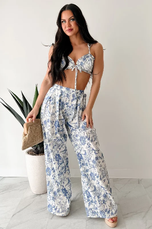 Vive La Vie Printed Crop Top & Pant Set (Blue) Beaded Sequined Faux Fur