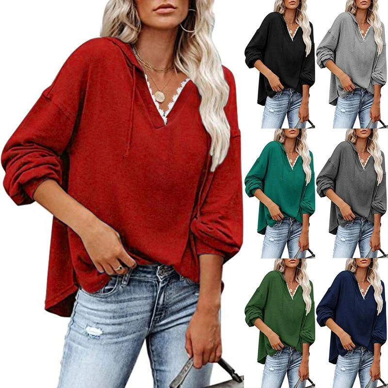 Fall Winter Solid Lace V-Neck Loose Hoodie Hoodie with Zipper Versatile Modern