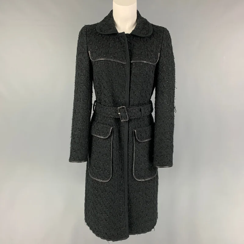 PRADA Size 4 Black Cotton Blend Textured Hidden Snaps Coat Trench Wool Cashmere