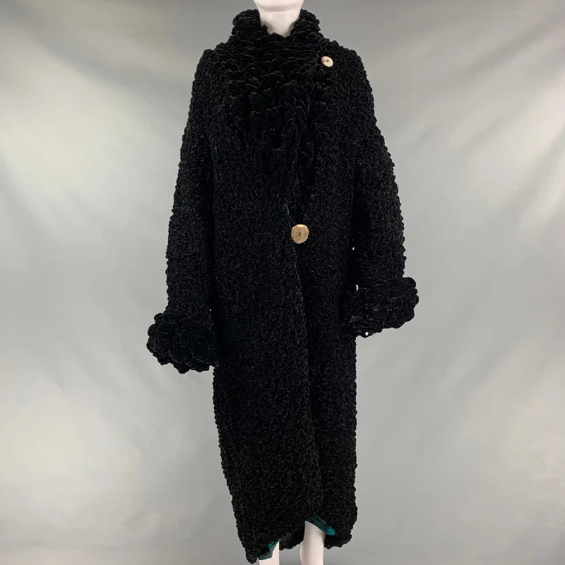 CATHERINE BACON One Size Black Rayon Silk Ruched Oversized Coat Cape Coat Herringbone Coat Tweed Coat CATHERINE BACON One Size Black Rayon Silk Ruched Oversized Coat Cape Coat Herringbone Coat Tweed Coat